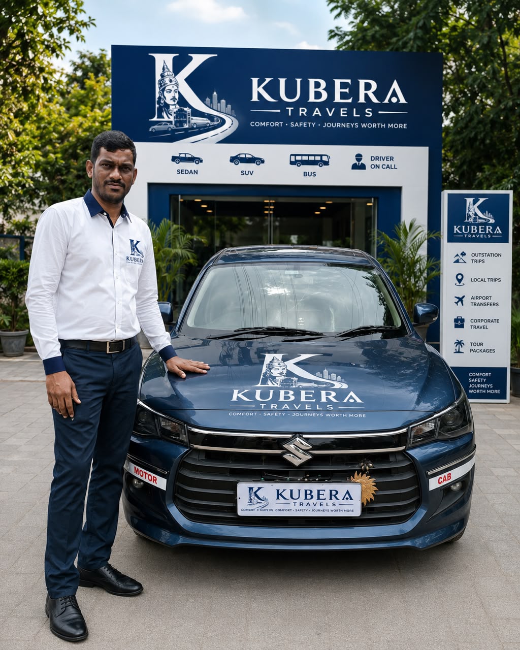 Kubera Travels driver beside a branded car