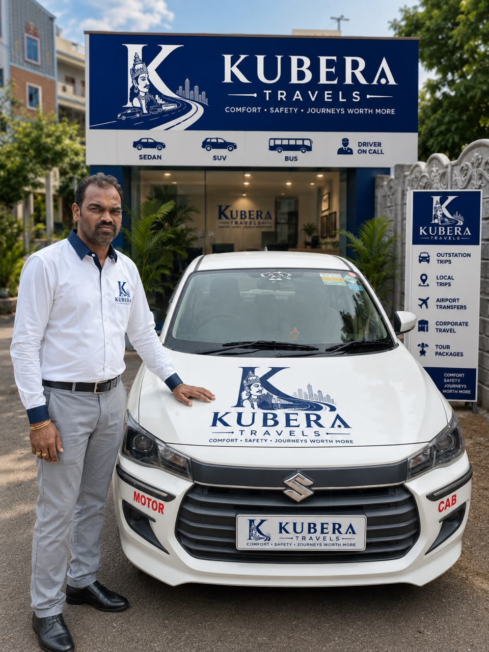 Kubera Travels driver with a white branded travel vehicle