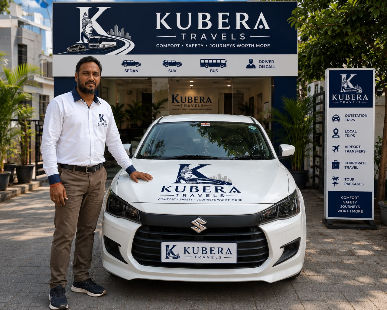 Kubera Travels driver beside a white sedan