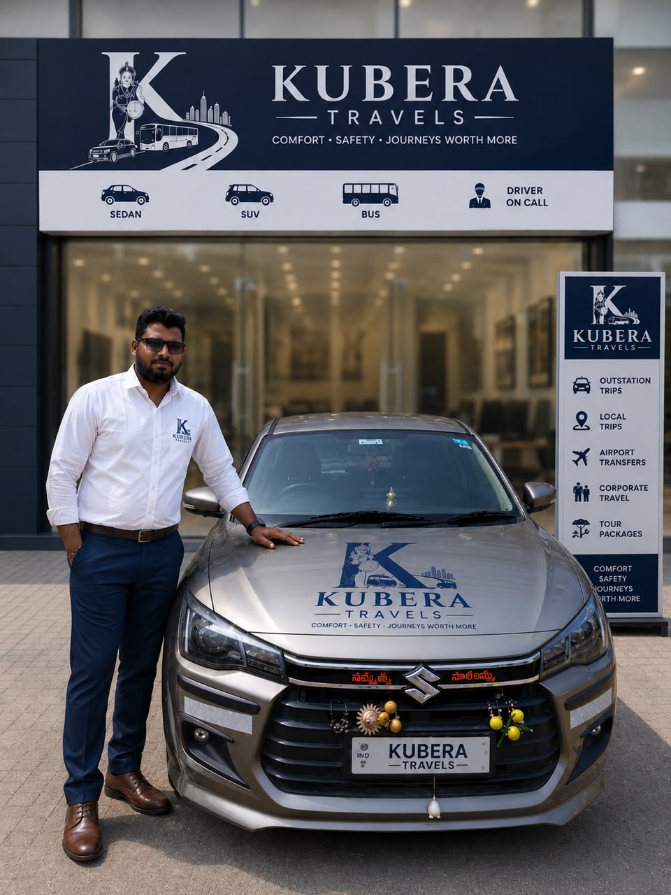 Kubera Travels driver beside a grey passenger vehicle